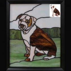 stained glass pet portrait  dog brown and white         