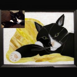 stained glass pet portrait black and white cat          
